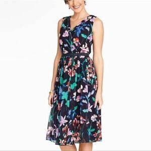 Talbots EUC Women's Navy Floral Chiffon Surplice Neck Sleeveless Dress 16P